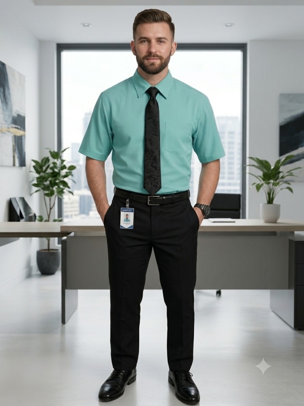Adolfo Short-Sleeve Button-Down Shirt in Teal Green Pre-owned
